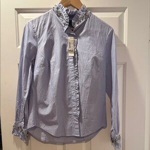 NWT J. Crew Light Blue Embellished Ruffle Collar Button Down Shirt